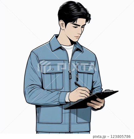 メモをとる作業服の男性 123805786