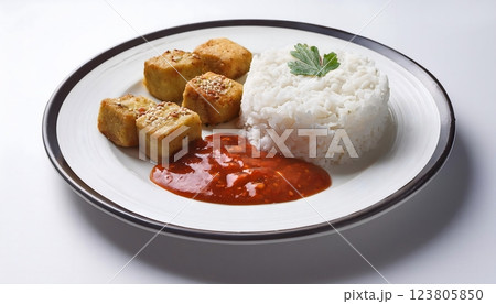 A plate of food with rice, sauce, and meat 123805850