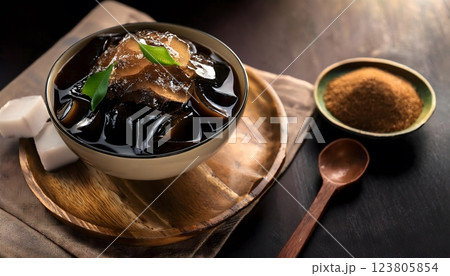 A bowl of food with a spoon next to it 123805854