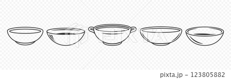 Hand Drawn Bowls Vector Set. Sketch Style Kitchenware. Empty and Full Bowls Illustration. Traditional Ceramic and Wooden Bowl Design for Cooking, Food and Tableware Hand Drawn Bowls Vector Set. Sketch Style Kitchenware. Empty and Full Bowls Illustration. Traditional Ceramic and Wooden Bowl Design for Cooking, Food and Tableware 123805882