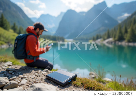 Exploring Nature With a Smartphone by a Serene Mountain Lake in Sunlight 123806007