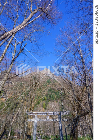 青空バックにそびえる明神岳と鳥居のコラボ情景 青空バックにそびえる明神岳と鳥居のコラボ情景 123806026