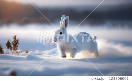 A white rabbit is running through the snow 123806061