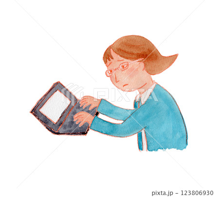 ノートパソコンを使う疲れ目の女性の水彩イラスト 123806930