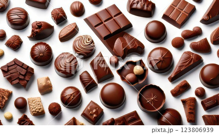 《AI画像》白い背景に並ぶ様々な種類のチョコレート 123806939