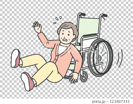 車椅子からずり落ちて転倒する高齢女性 車椅子からずり落ちて転倒する高齢女性 123807333