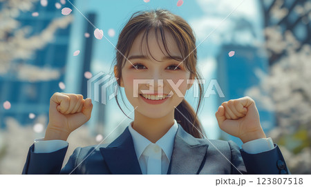 ガッツポーズをする新入社員の女性 123807518