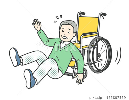車椅子からずり落ちて尻もちをつく高齢男性のイラスト 123807559