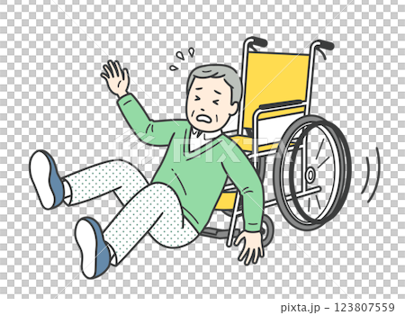 車椅子からずり落ちて尻もちをつく高齢男性のイラスト 123807559