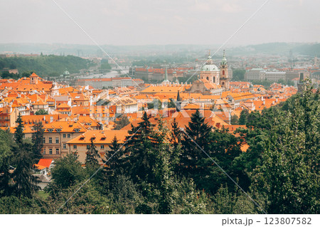 panoramic view of Prague, the Vltava River, rooftops and St. Nicholas Cathedral panoramic view of Prague, the Vltava River, rooftops and St. Nicholas Cathedral 123807582