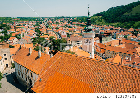 View of red roofs and towers in the town of Mikulov na Moravian View of red roofs and towers in the town of Mikulov na Moravian 123807588