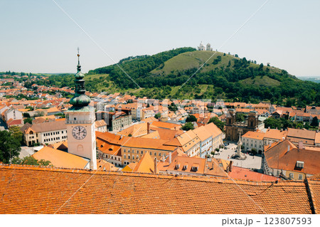 View of the tower and the holy hill in the town of Mikulov na Moravian 123807593