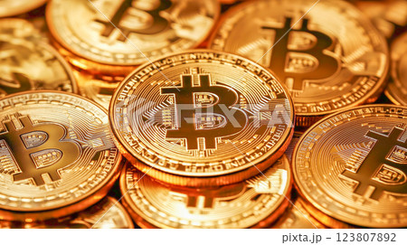 Digital currency coins stacked together in a pile highlighting the design and value of cryptocurrency investment 123807892