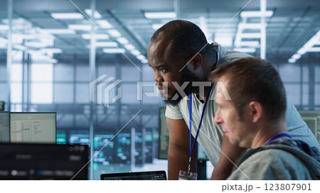 Programmer requesting help from manager while working on computer in data center, monitoring hardware energy consumption. Team leader overseeing IT expert checking for system failures, camera A 123807901