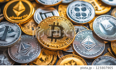 Cryptocurrency collection with Bitcoin and Ethereum coins displayed together on a vibrant background 123807905