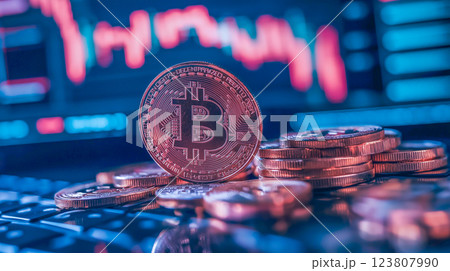 Bitcoin stands prominently among coins with a digital trading graph in the background during a market discussion Bitcoin stands prominently among coins with a digital trading graph in the background during a market discussion 123807990