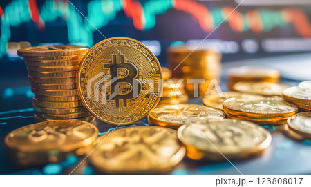 Bitcoin coins stacked beside a digital display of cryptocurrency price trends in a financial setting 123808017