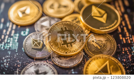 Assorted cryptocurrency coins arranged on a digital background showcasing blockchain technology trends 123808020