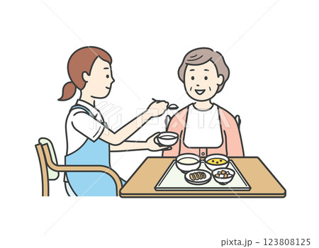 食事介助をする介護士と高齢女性のイラスト 123808125