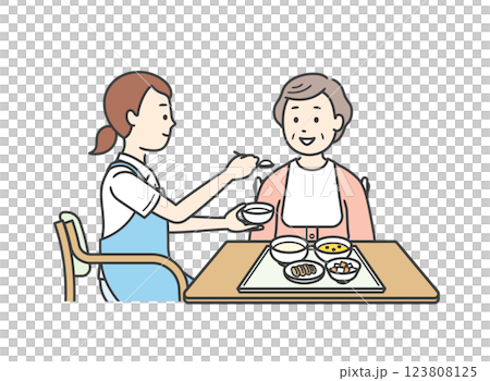 食事介助をする介護士と高齢女性のイラスト 123808125
