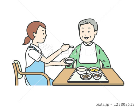 食事介助をする介護士と高齢男性のイラスト 123808515