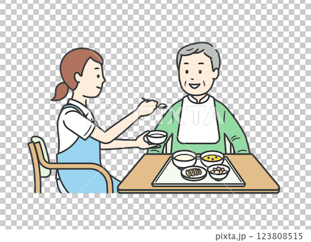 食事介助をする介護士と高齢男性のイラスト 123808515