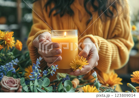 Natural candle in hands of young woman surrounded by fresh flowers. Making homemade candles from beeswax and soy wax 123809014
