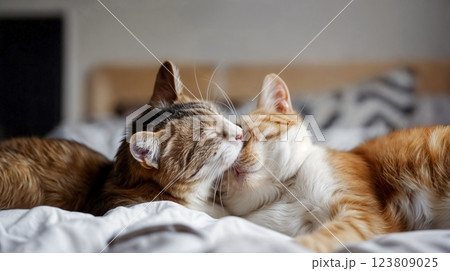 Two adorable cats cuddle closely on a cozy bed in a bright, serene bedroom, sharing a loving moment in the morning light 123809025