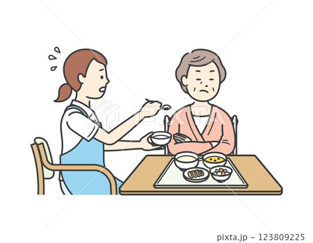 食事介助をする介護士と拒否をする高齢女性のイラスト 食事介助をする介護士と拒否をする高齢女性のイラスト 123809225