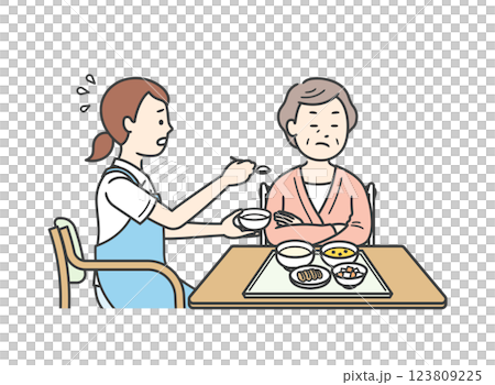 Illustration of a caregiver assisting with meals and an elderly woman refusing meals Illustration of a caregiver assisting with meals and an elderly woman refusing meals 123809225