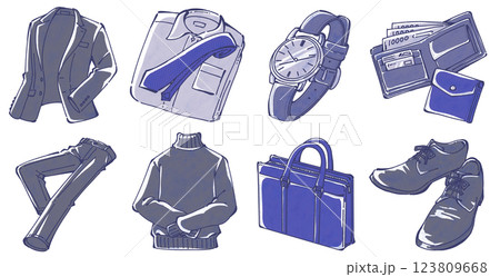 メンズビジネスファッションアイテムのイラストセット 123809668