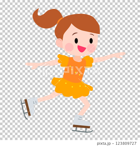 オレンジ色のコスチュームを着てフィギュアスケートをする女の子のイラスト 123809727