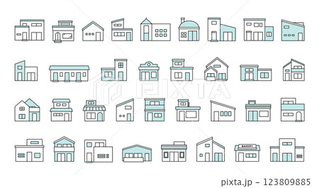 建物アイコン　不動産　　家　住宅　戸建て　シンプル　イラスト　セット　バリエーション　線画　ベクター 123809885