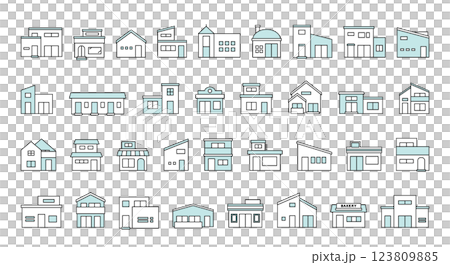 建物アイコン　不動産　　家　住宅　戸建て　シンプル　イラスト　セット　バリエーション　線画　ベクター 123809885