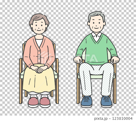 椅子に座る高齢女性と高齢男性のイラスト 123810004