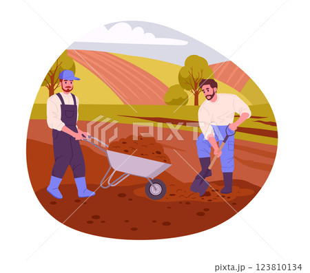 Agriculture workers gardening. Male farmers dig ground and carry soil on cart, harvesting and husbandry flat vector illustration. Cartoon characters work with soil 123810134