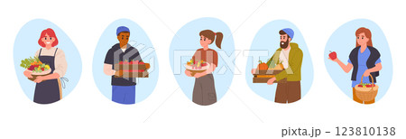 Farm workers with harvesting crop. Cartoon agricultural people carrying baskets and boxes with with harvest, fresh fruits and vegetables flat vector illustration set. Farmers characters Farm workers with harvesting crop. Cartoon agricultural people carrying baskets and boxes with with harvest, fresh fruits and vegetables flat vector illustration set. Farmers characters 123810138
