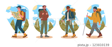 Hiking male tourists. Walking man group, trekking and backpacking characters outdoor adventure flat vector illustration set. Active guys hiking on wild nature trail Hiking male tourists. Walking man group, trekking and backpacking characters outdoor adventure flat vector illustration set. Active guys hiking on wild nature trail 123810139