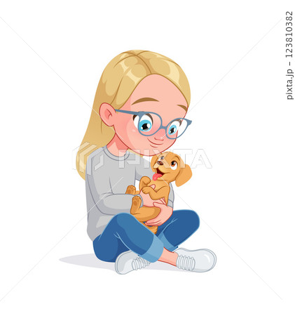 Cute little girl in eyeglasses holding a puppy. Cartoon vector illustration. 123810382