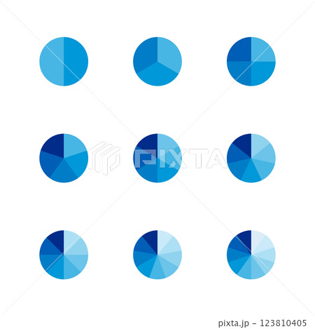 Set of circle pie charts. Financial analysis data 2,3,4,5,6,7,8,9,10 sections elements for business presentation, Vector Illustration 123810405