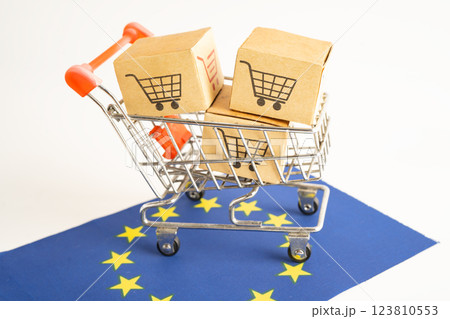 Online shopping, Shopping cart box on EU flag, import export, finance commerce. 123810553