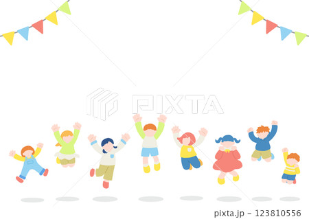 楽しそうにジャンプするこども達とガーランドのフラットなイラスト(セット) 楽しそうにジャンプするこども達とガーランドのフラットなイラスト(セット) 123810556