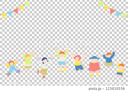楽しそうにジャンプするこども達とガーランドのフラットなイラスト(セット) 楽しそうにジャンプするこども達とガーランドのフラットなイラスト(セット) 123810556