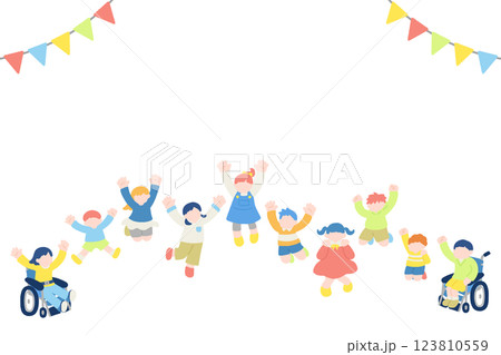 楽しそうにジャンプするこども達とガーランドのフラットなイラスト(セット) 123810559