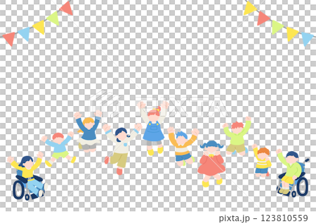 楽しそうにジャンプするこども達とガーランドのフラットなイラスト(セット) 123810559