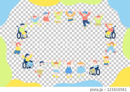 円になって楽しそうにジャンプするこども達のフラットなイラスト(セット) 123810561