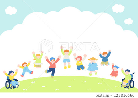 外で楽しそうにジャンプするこども達のフラットなイラスト(セット) 123810566