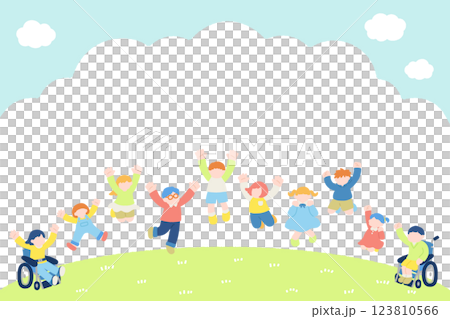Flat illustrations (set) of children jumping happily outside 123810566