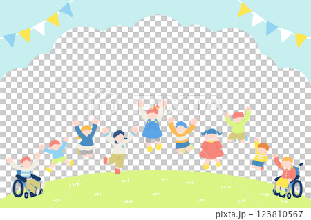 Flat illustrations (set) of children jumping happily outside 123810567