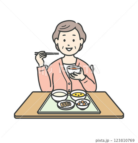 食事をする笑顔の高齢女性の上半身イラスト 123810769